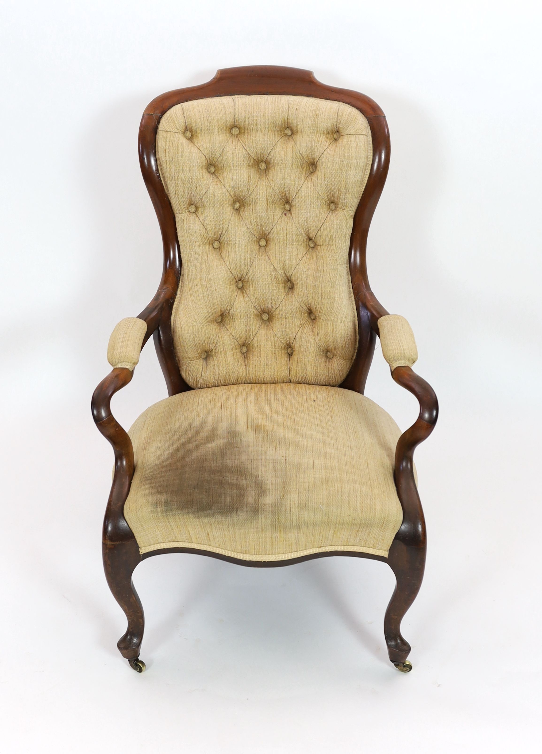 An early Victorian mahogany upholstered open armchair, width 66cm depth 90cm height 104cm